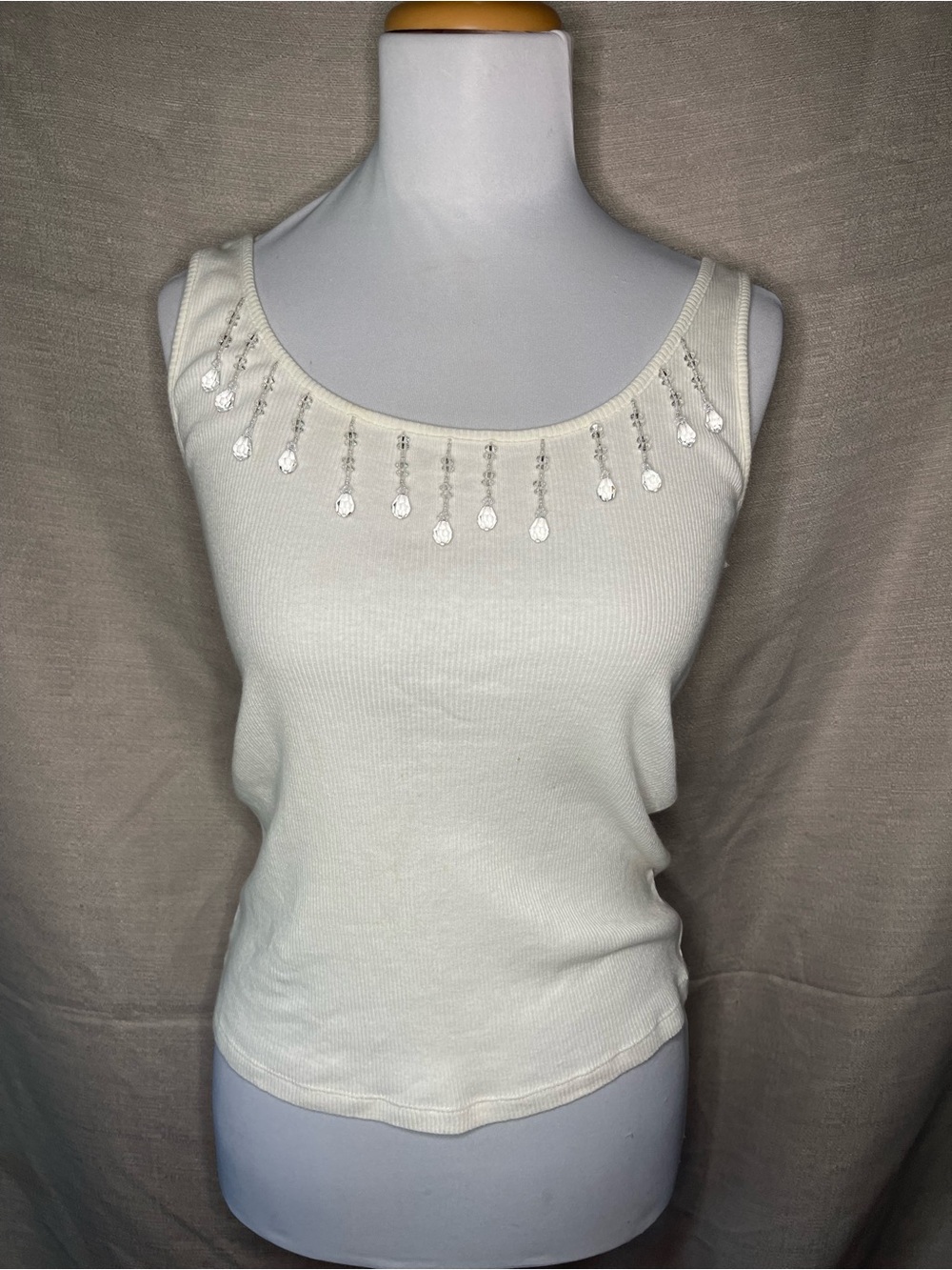 DKNY Cream Tank Top with Beaded Neckline